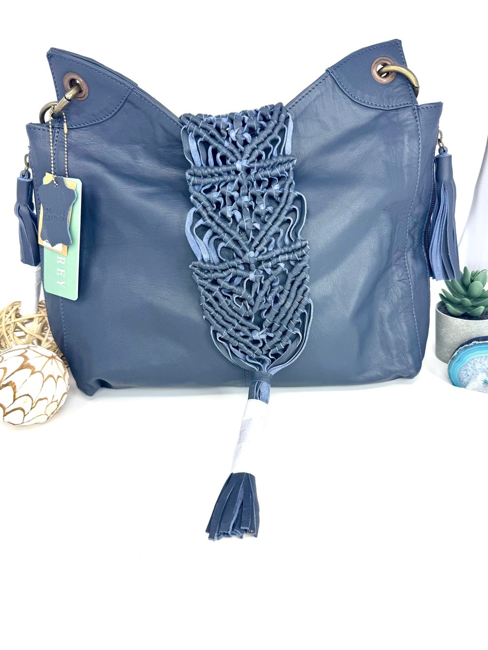 La Marey Genuine Blue Leather Macramé Tassel Shoulder Bag